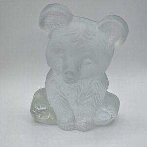 Viking Frosted Satin Glass Teddy Bear Figurine  7" Tall Flat Back Vtg